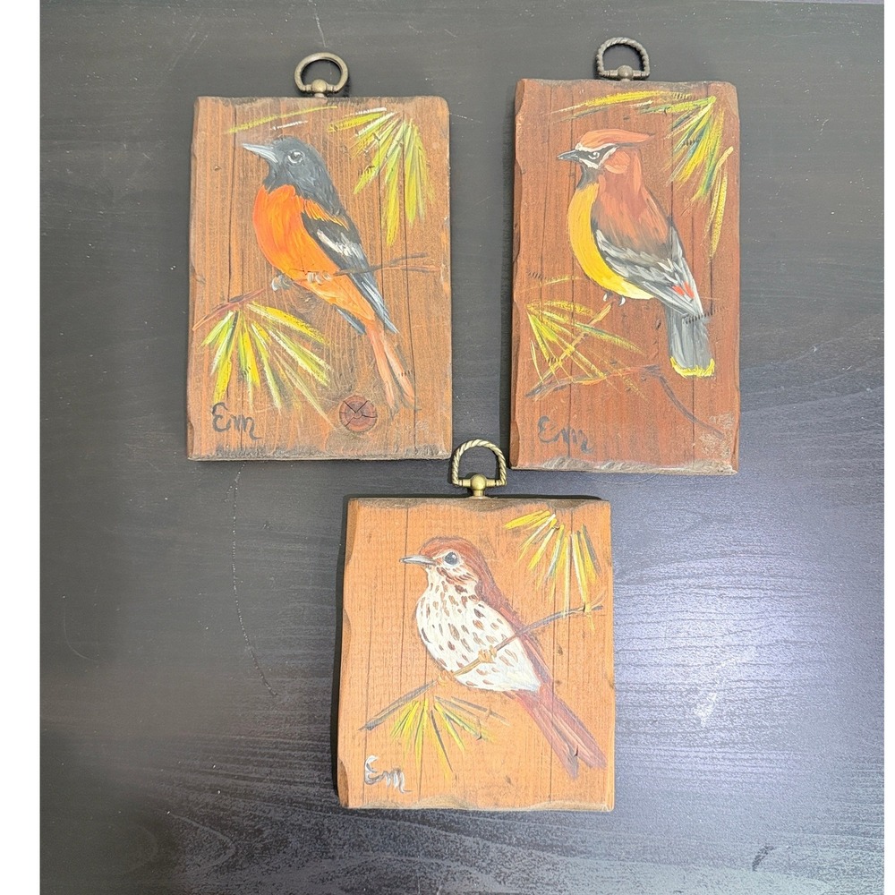 Vintage Hand Painted Bird Wood Plaques Set of 3 Oriole Waxwing Thrush Folk Art